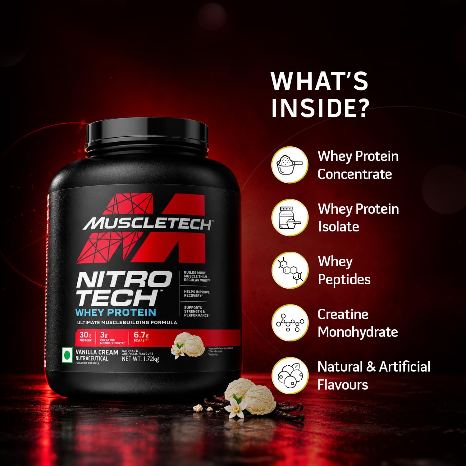 MuscleTech Nitro-Tech Whey Protein, 1.72kg (3.8lbs), Vanilla Cream, 30g Protein, 3g creatine monohydrate, 6.7g BCAA, ultimate muscle building formula, increase strength & performance — Amazon image 4