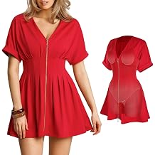 Popilush Casual Dresses for Women Short Sleeve Pleated A-Line Mini Dress with Shapewear V Neck Zip Front Two-Piece Set