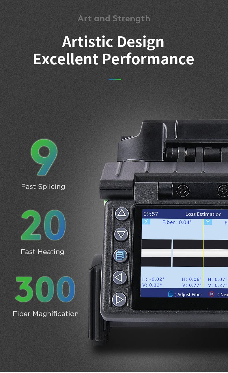 Komshine GX39 splicer display showing fiber alignment and loss estimation during the 9-second fast splicing process.
