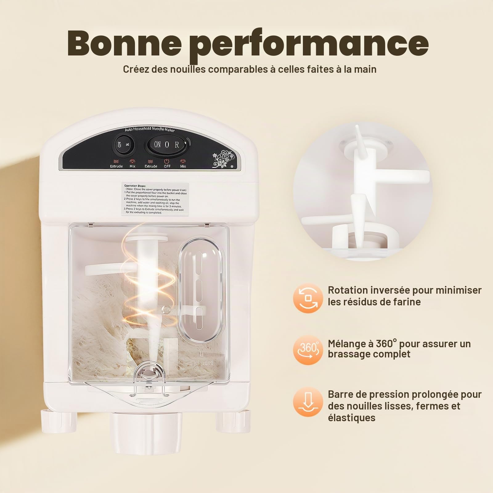 Machine à pâtes électrique entièrement automatique 260 W avec 9 embouts, machine automatique pour pâtes, pâtes, sacs à pâtes, jusqu'à 500 g de farine, processus de pétrissage en 3 minutes
