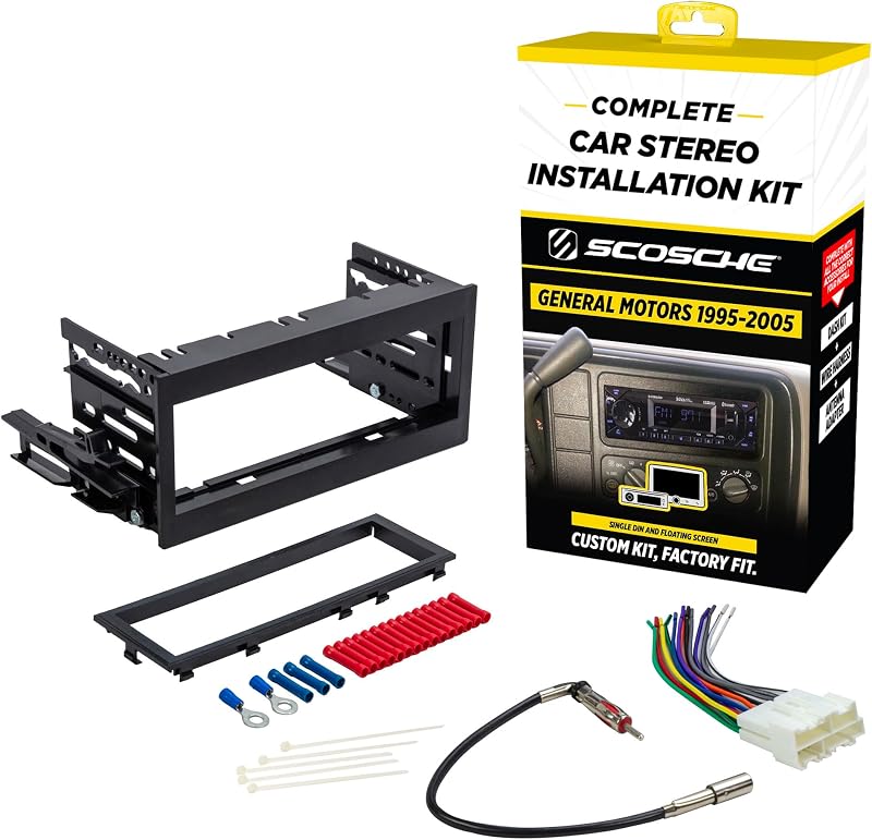 Kit completo de instalación estéreo DIN único Scosche GM9505CS para camiones y SUV de tamaño completo GM 1995-05 no amplificados selectos - Sin control remoto del volante - Consulte la guía de ajuste en las imágenes para verificar su vehículo