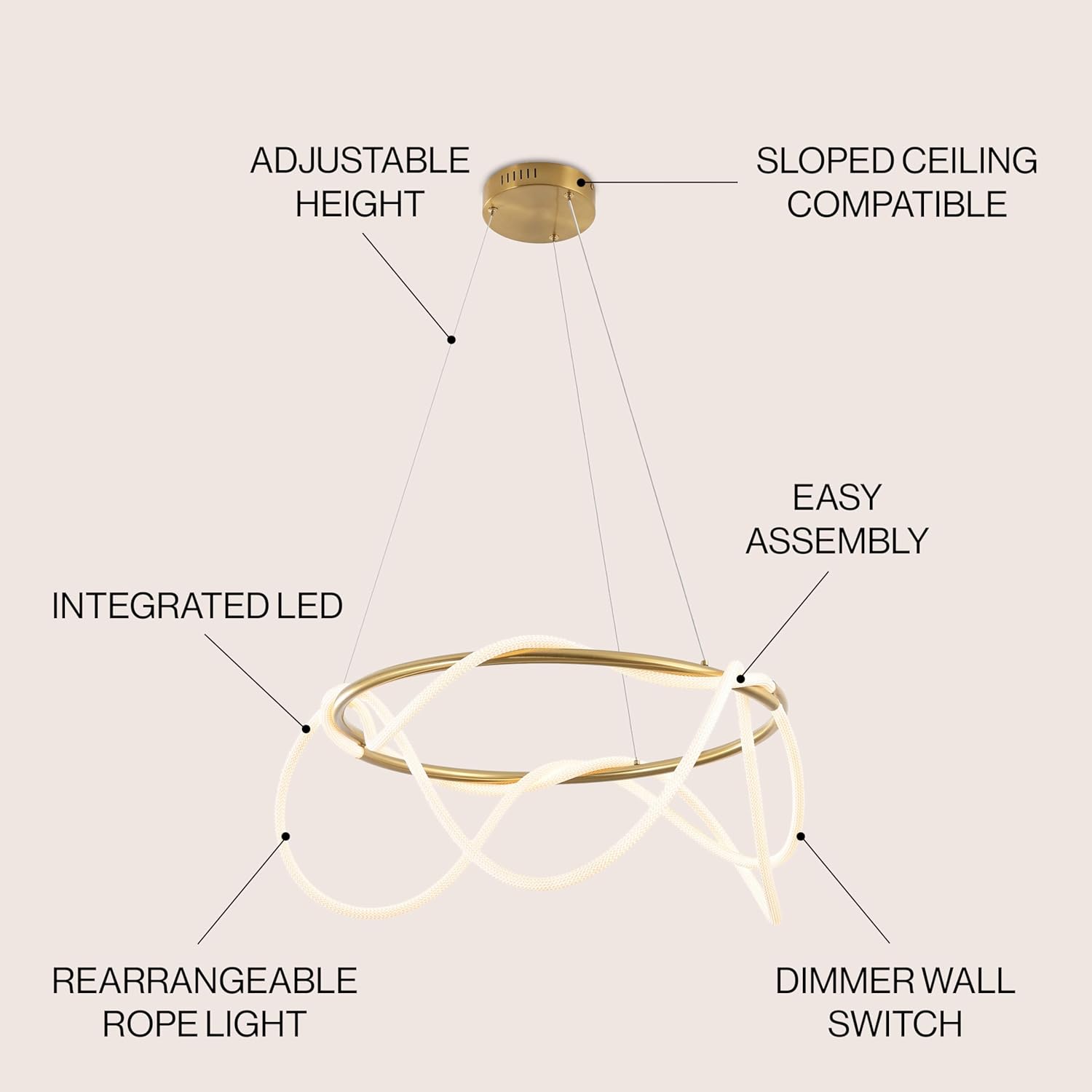 JONATHAN Y 25" Brass Gold Lisette Contemporary Minimalist 360 Adjustable Silicone Rope/Metal Dimmable Integrated LED Chandelier, Slope Ceiling Compatible (JYL7140A)