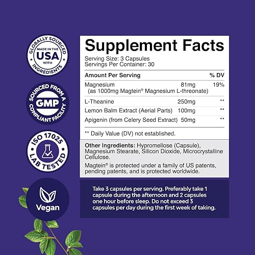 Miniatura 2 de Suplemento para dormir de magnesio de alta absorción, L-treonato de magnesio 1000 mg de apigenina 50 mg de L-teanina 200 mg y extracto de bálsamo de