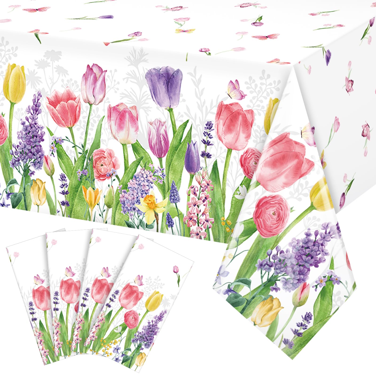 JOYELL 4 Pack Tulip Floral Tablecloth, 108 x 54 Inch Spring Summer Flower Plastic Wipeable Waterproof Disposable Table Cloth for Afternoon Tea Garden Party Birthday Wedding Baby Shower Picnic Decor