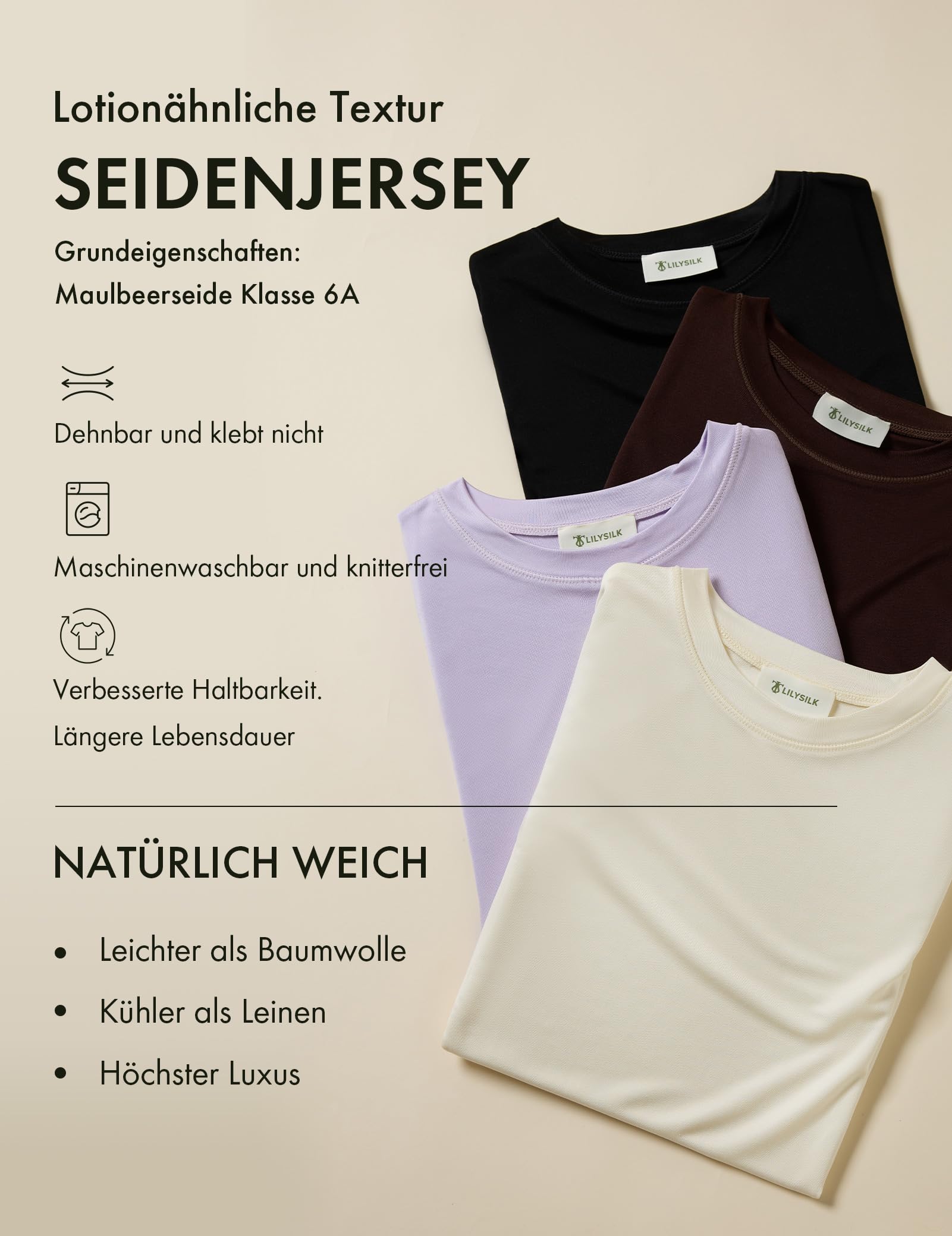 LilySilk Silk Jersey T-Shirt aus 100% Seide Damen leicht kühlend Bluse