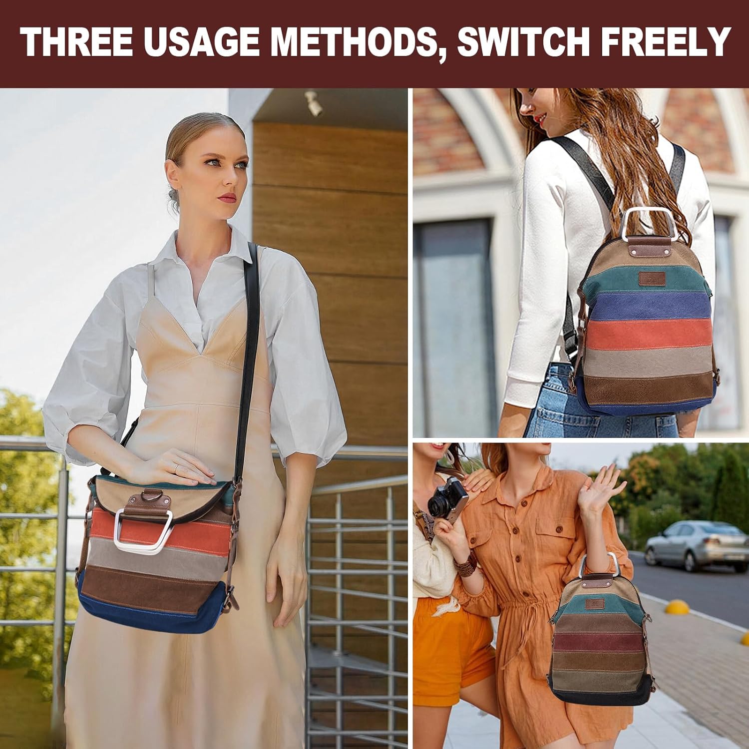 Canvas Multifunction Bag Can be Freely Switched, Striped Color Block Design, Shoulder Crossbody Backpack with Removable Strap (Fashionable Style)