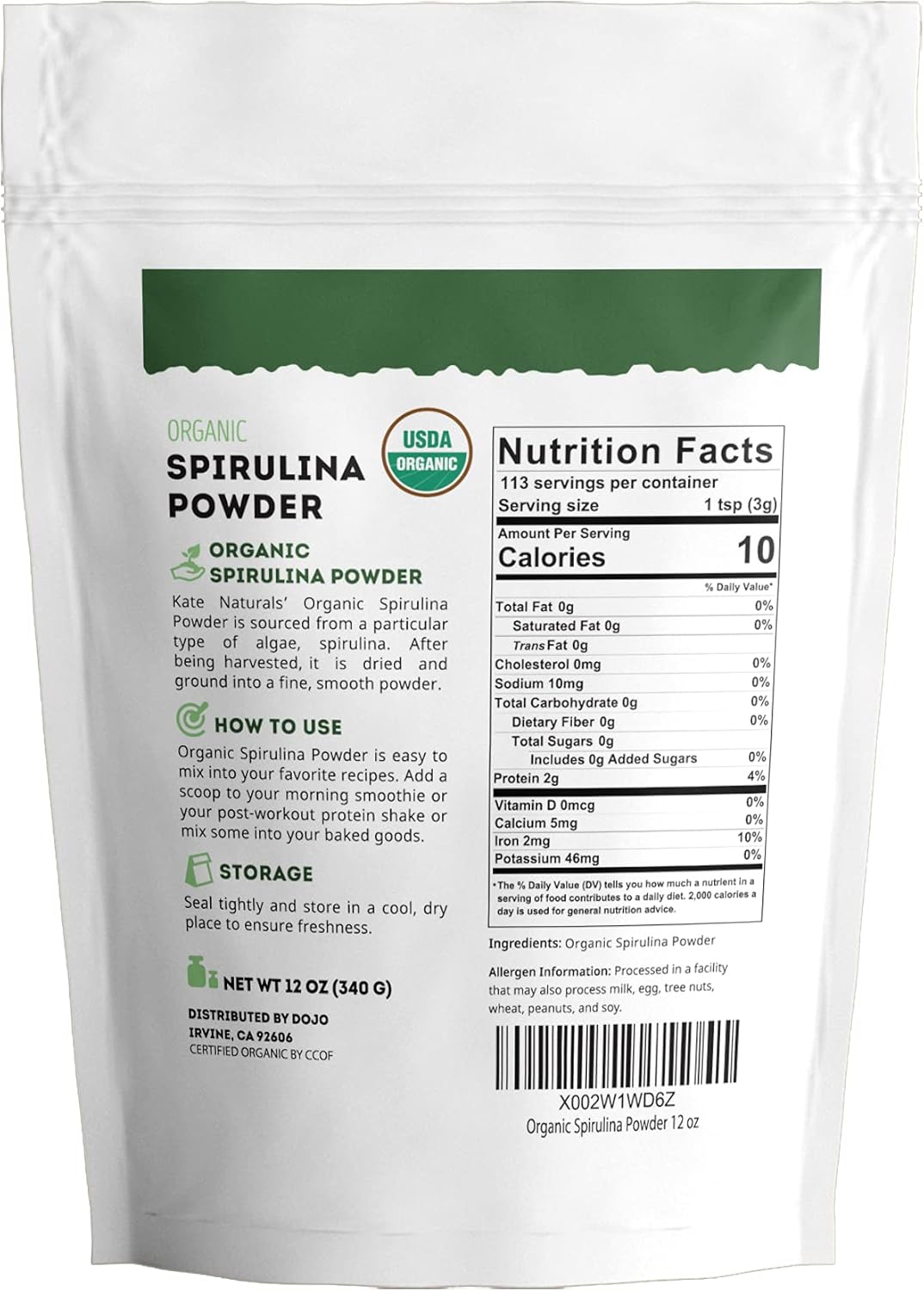 Spirulina Powder (12 oz) for Immune Support and Antioxidants - Kate Naturals. USDA Certified Organic, Natural, Non-GMO, Gluten-Free. Nutrient Dense Superfood Supplement : Health & Household