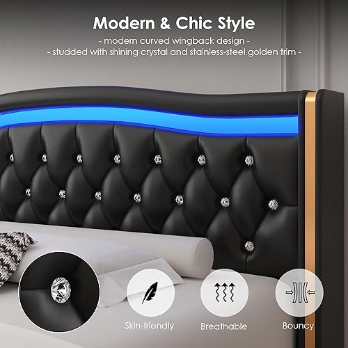 Miniatura 5 de HIFIT Base de cama con plataforma LED inteligente con 4 cajones de almacenamiento, cabecera con botones de cristal y ribete dorado inoxidable, marco