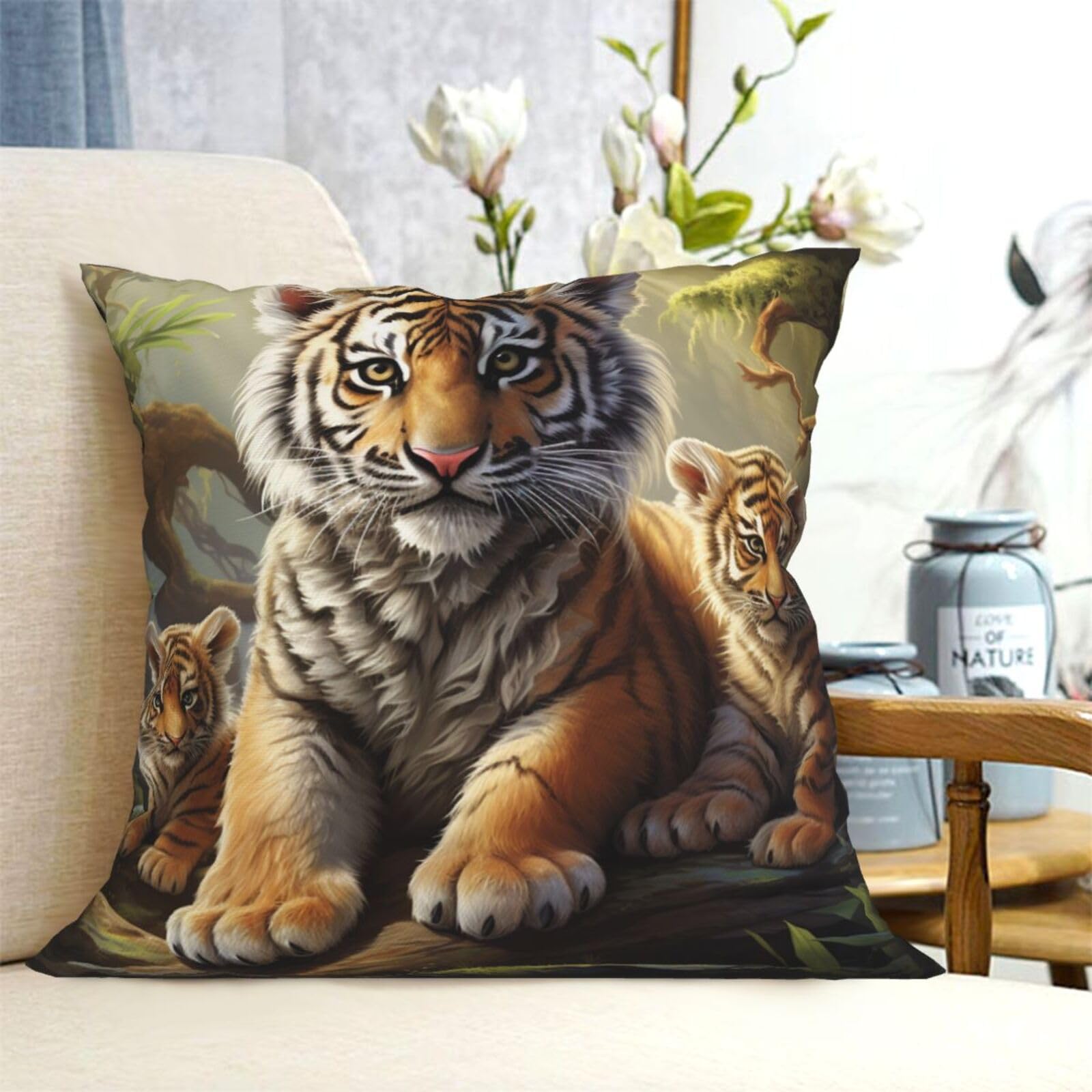 Fodpand Black Decorative Throw Pillow Covers 12"X12" Jungle Tigers Cub Cushion Cases Square Modern Farmhouse Pillow Cases Soft Cozy Cushion Covers For Couch Sofa Bedroom Home Decor Pillowcase
