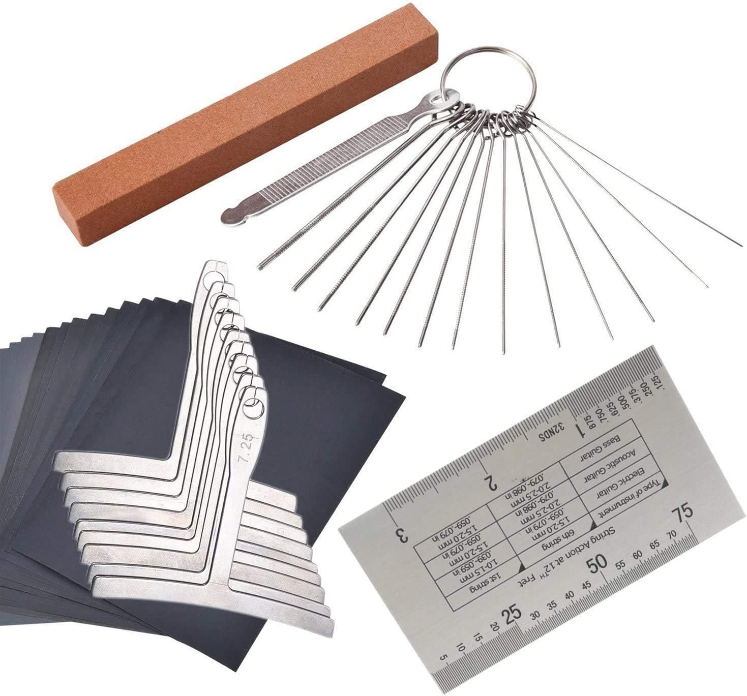 Multi Function String Action Ruler Gauge,9 Understring Fretboard Guitar Radius Gauge, 13 Different Stainless Steel Needle Files&Grinding Stone Kit 6 Sand Papers for Electric Acoustic&Bass Guitars
