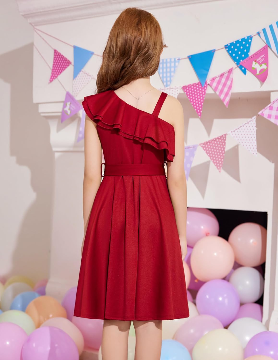 Arshiner Girls Dress One Shoulder Formal Ruffle Trim Birthday Party Dresses with Belted Pockets for 5-12 Years - Image 3
