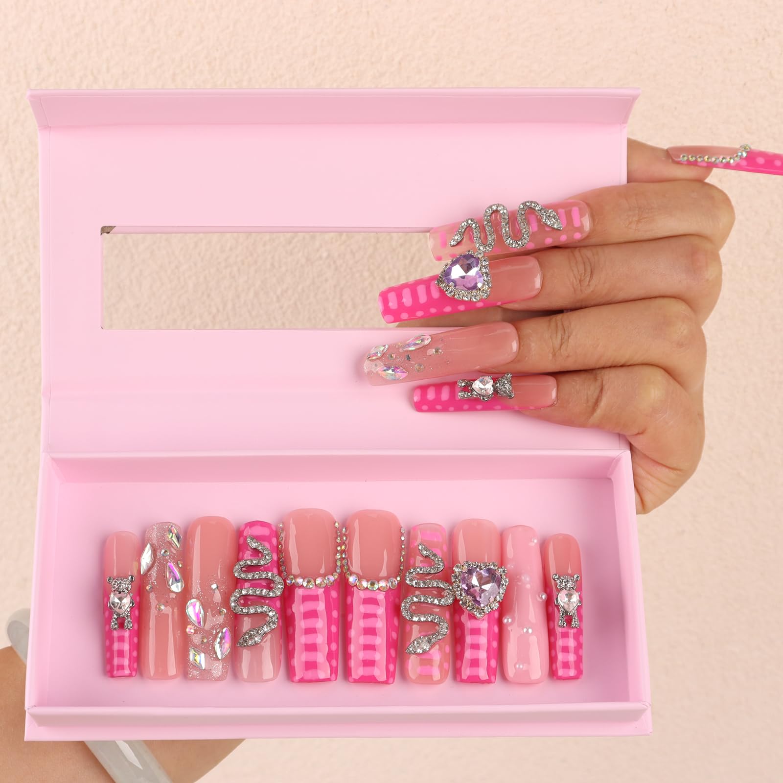 Handmade Press on Nails Party Star, Square Nails with Covered Crystals, Extra Long False Nails, Reusable Stick On Nails 10Pcs,Size L