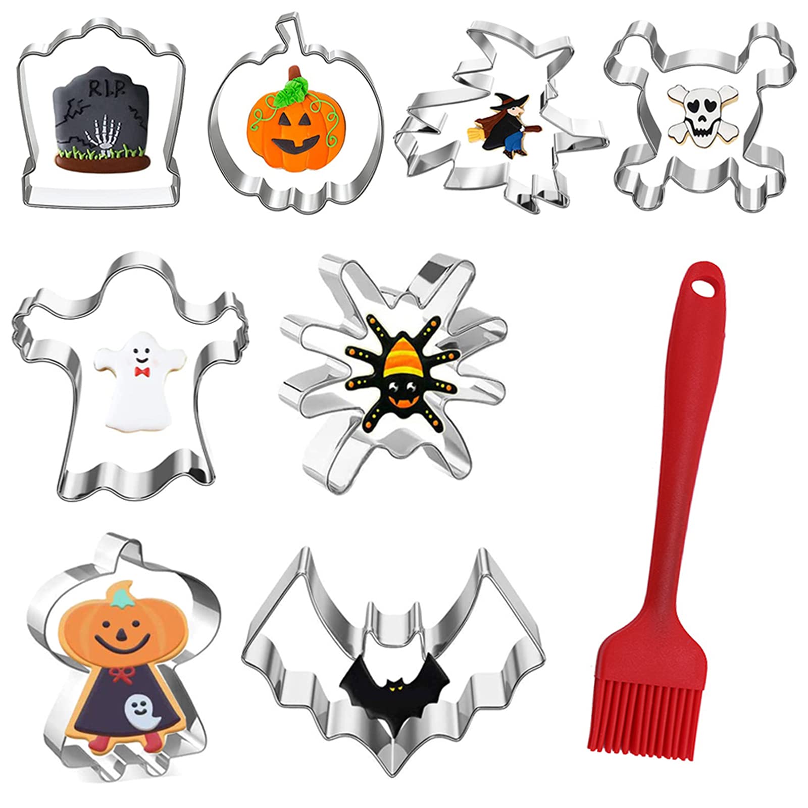 Set of 9 Halloween Cookie Cutters, Ghost, Pumpkin, Bat Cookie Cutters, Silicone Brush, Halloween Cookie Cutters Set, Stainless Steel