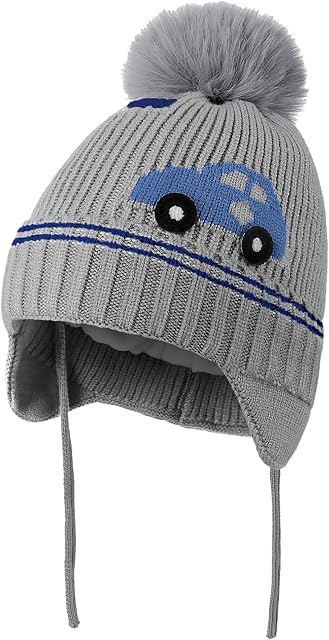 ECOMBOS Kids Beanie Hat - Boys Winter Knitted Hat Earflap Car Bobble Hat Warm Beanie Fleece Lining Children Hat with Pompom for 4-8 Ages