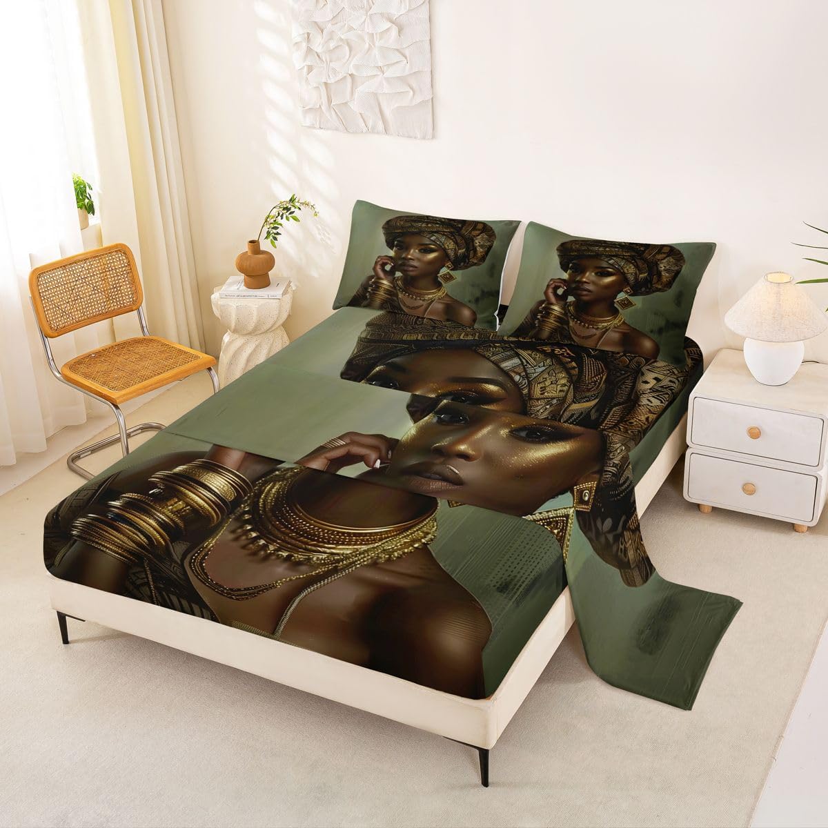Manfei African Beauty Bed Sheets Set Gold Accessories Portrait Deep Pocket Fitted Sheet Melanin Art Bedding Sets Soft Bed Set 4Pcs with 2 Pillow Cases Kids Boys Girls Full Black Green