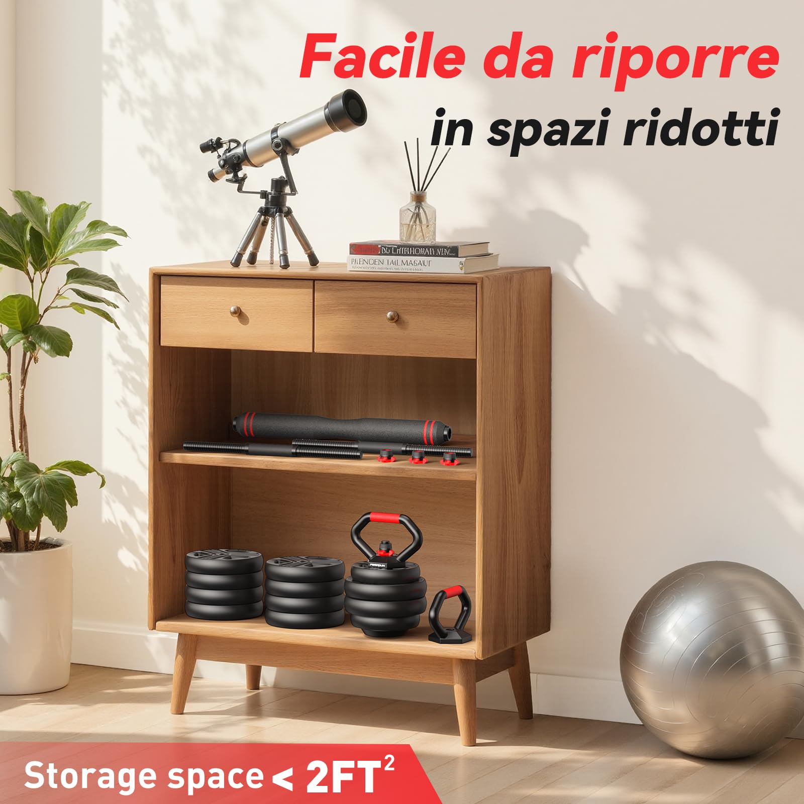 Set di 2 Manubri Regolabili, 10/15/20/25/30/40 kg, Set di Pesi con Dado Rinforzato, Set di Pesi 5 in 1 Utilizzabile Come Kettlebell, Bilanciere e Supporto per Flessioni