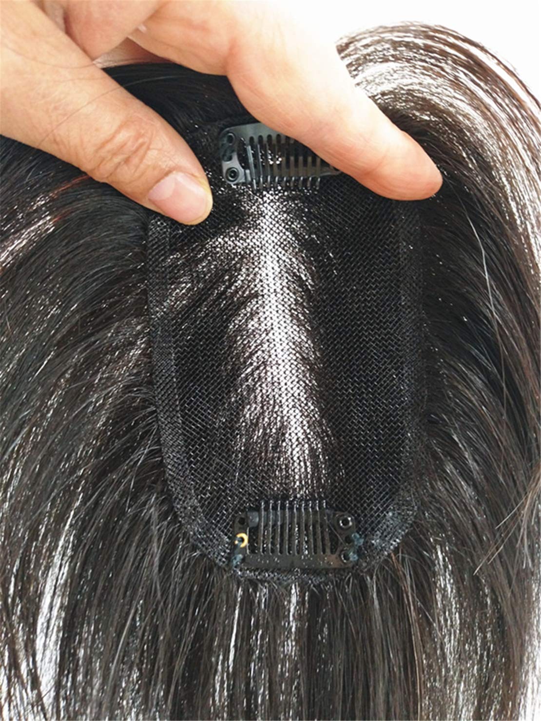 Clip in Topper Human Hair with Black Base 6" Curly Crown Topper Hairpieces for Women, Dark Brown