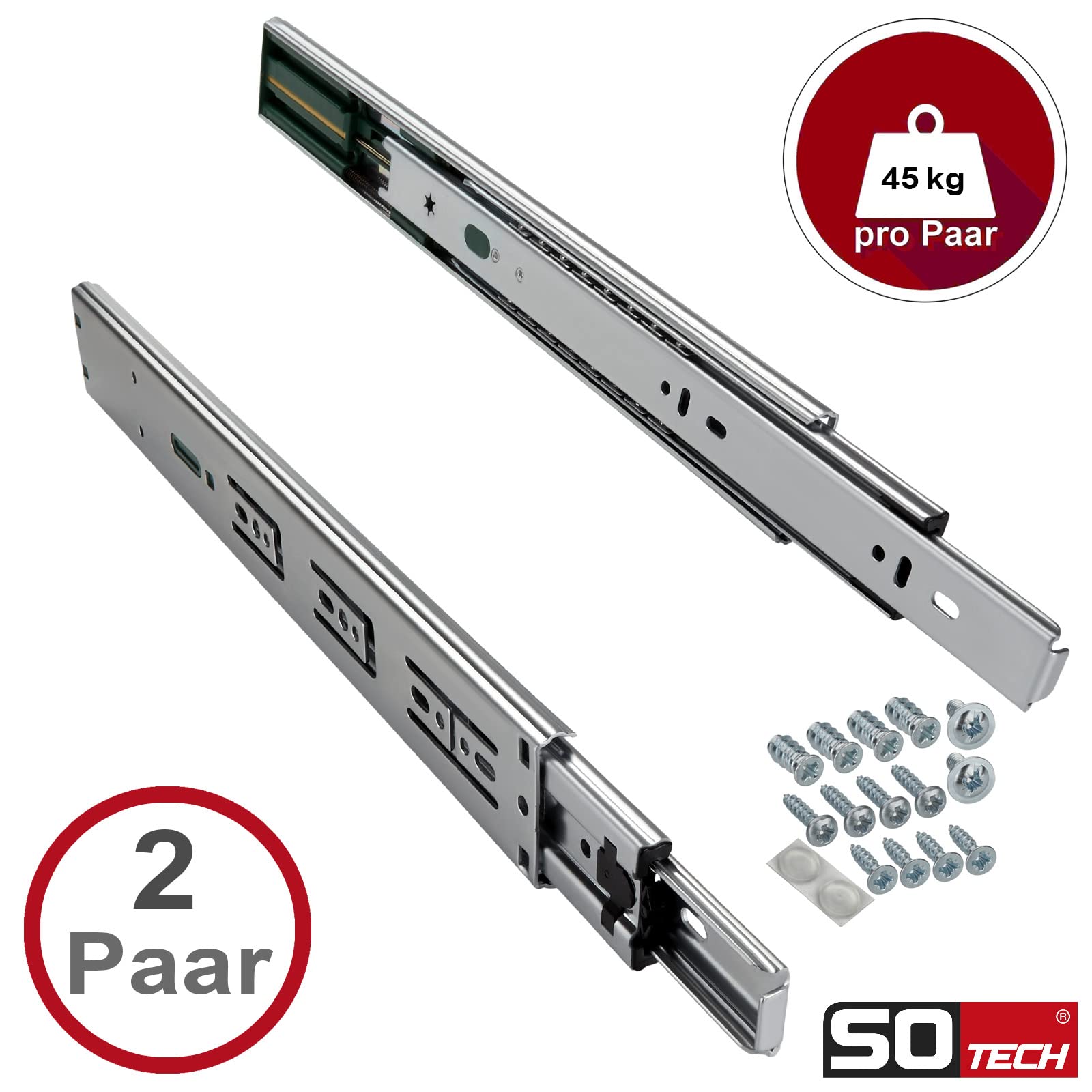 SOTECH 2 coppie di guide a estrazione totale KV-45-H45-L500-SC-MS 500 mm softclose, carico massimo 45 kg, guida per cassetti con set di viti
