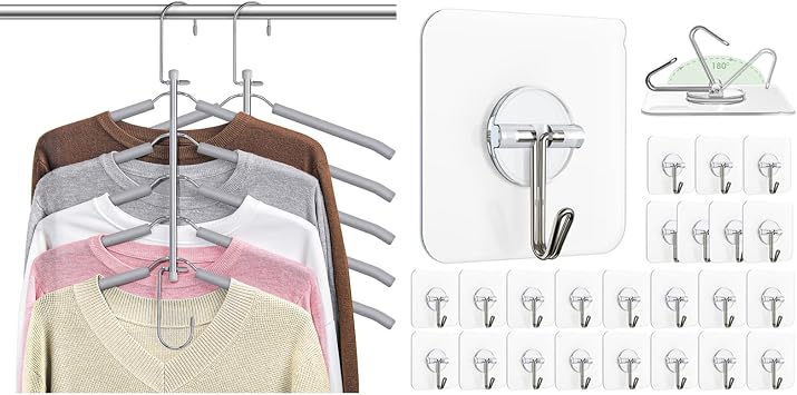 Adhesive Wall Hooks for Hanging Clear Removable Ceiling Hooks 24 Pack, Clothes Hangers Space Saving Shirt Hangers Non Slip Multiple Shirt Organizer for Closet Grey 2 Pack