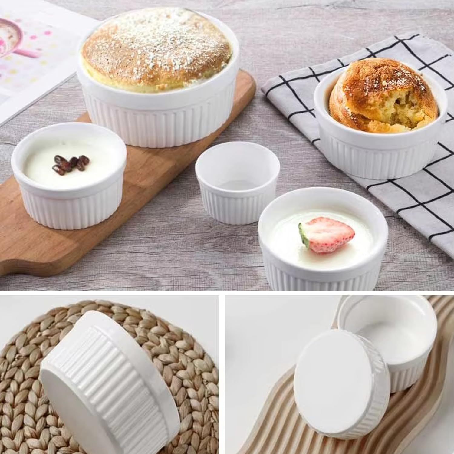 Porcelanowe ramekiny z pokrywkami, nadają się do piekarnika i zmywarki, eleganckie białe ceramiczne naczynia do pieczenia, do kremów brulee, sufletów, sosów, deserów, 6 szt