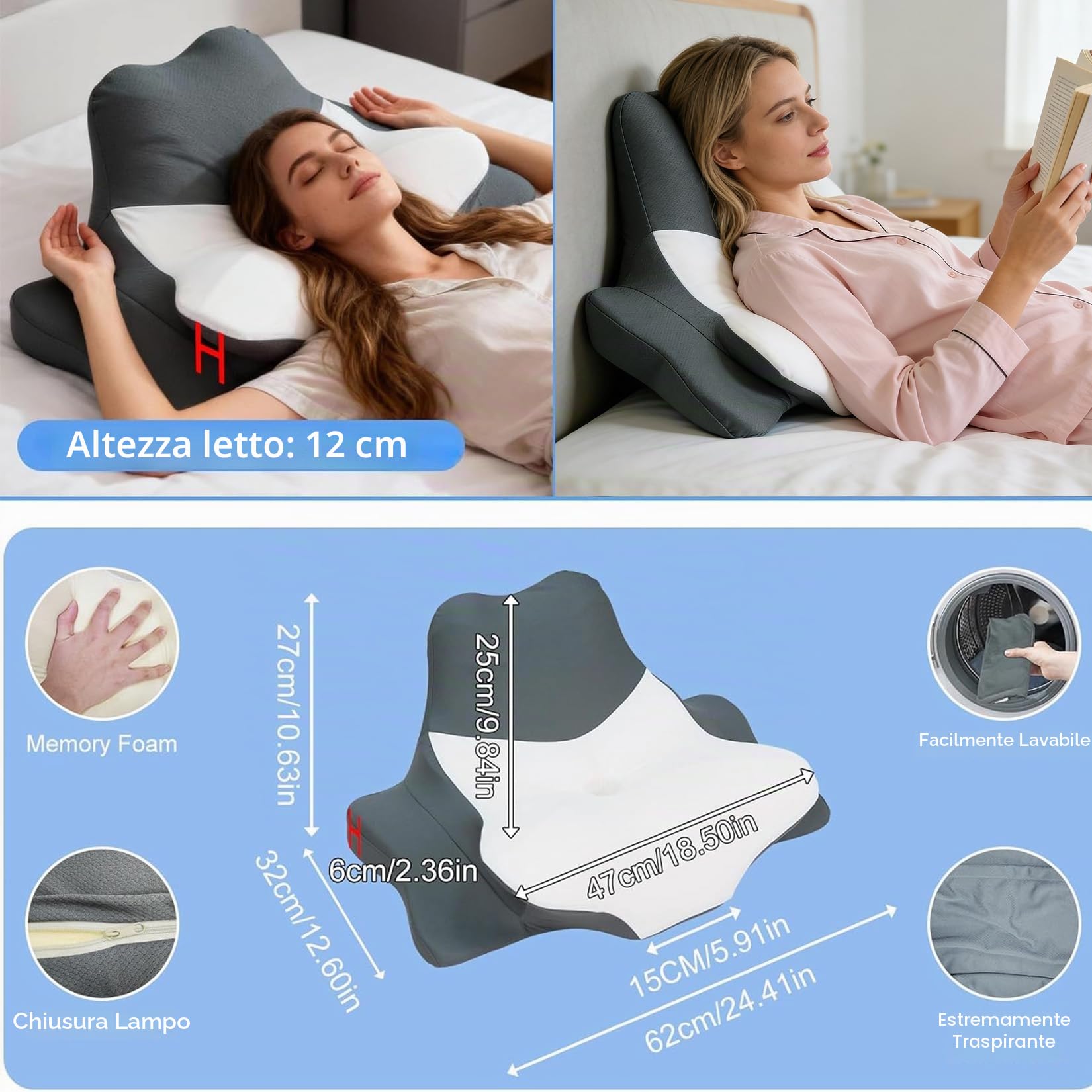 FATIVO Cuscino da Lettura per Letto, Sdraiato, Appoggiato e Prono, Cuscino Cervicale a cuneo per dormire Ergonomico Memory Foam di supporto per mento e schiena su Divano, Letto