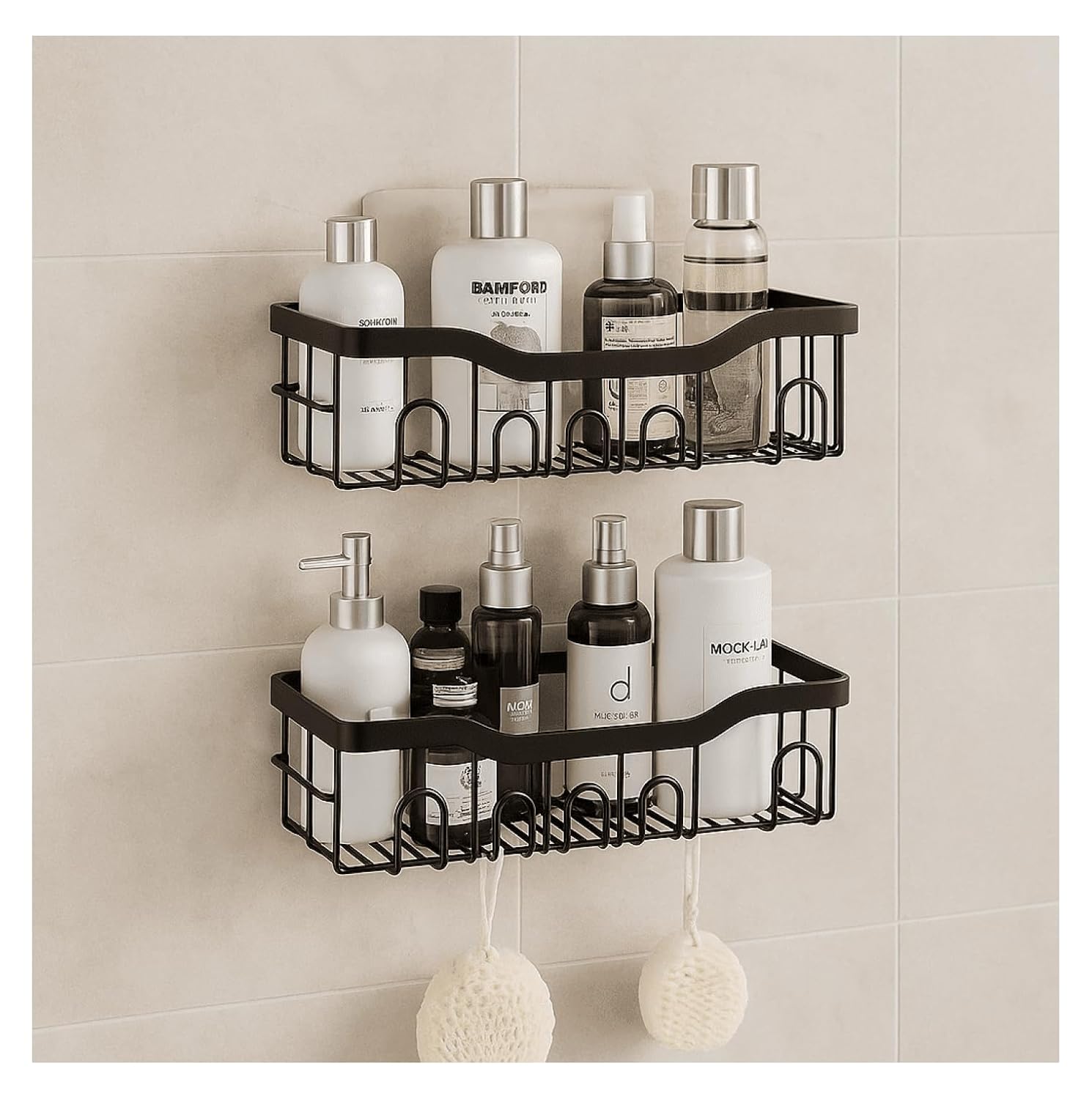 Shower Caddy Bathroom Non-Drill - 2Pcs Black Space Saving Organizer Easy Install Suction Shower Caddy for Shampoo Conditioner