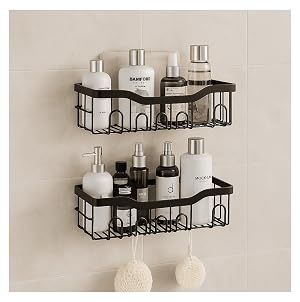 Shower Caddy Bathroom Non-Drill - 2Pcs Black Space Saving Organizer Easy Install Suction Shower Caddy for Shampoo Conditioner