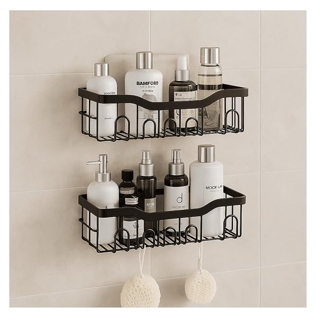Shower Caddy Bathroom Non-Drill - 2Pcs Black Space Saving Organizer Easy Install Suction Shower Caddy for Shampoo Conditioner
