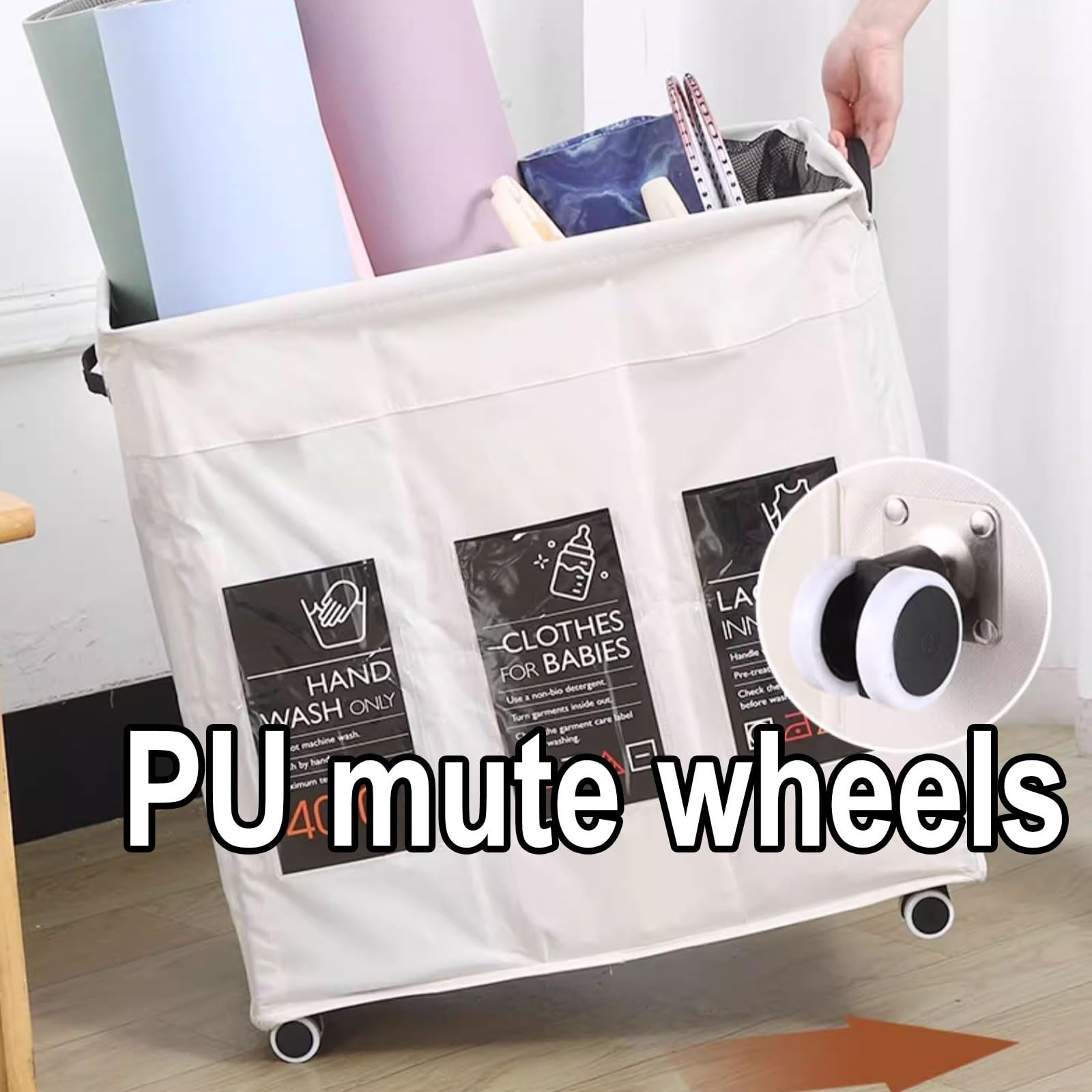 Wäschesammler 3 Fächer Hergestellt Aus Oxford-Stoff Wäschewagen Mit Rollen Netztasche Oben 130L Großes Fassungsvermögen für Schlafzimmer Badezimmer(White)