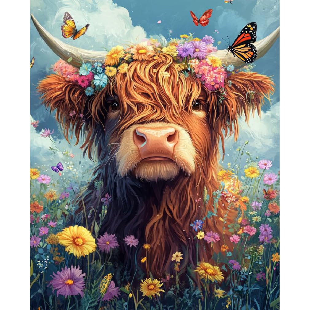 BEAYIOU Highland Cow with Flowers Counted Cross Stitch Kits for Adults, Stamped Cross Stitch Beginners, Needlepoint Cross-Stitch Patterns Embroidery Kits for Home Decor 12×16 Inch
