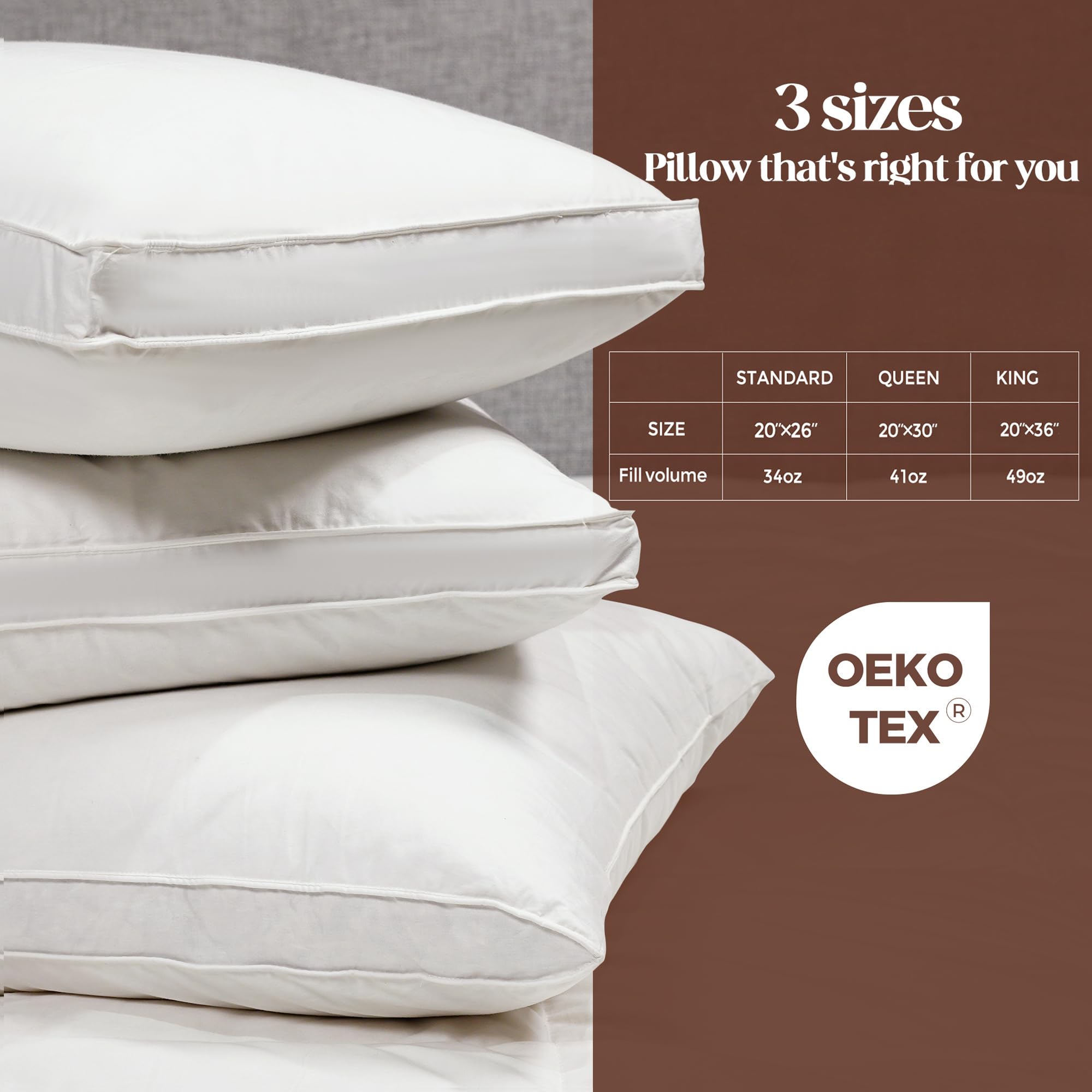 Bafode Set di 2 cuscini da letto con soffietto in piuma d'oca, dimensioni standard, 100% morbido cotone, cuscino per schiena, pancia o per chi dorme di lato