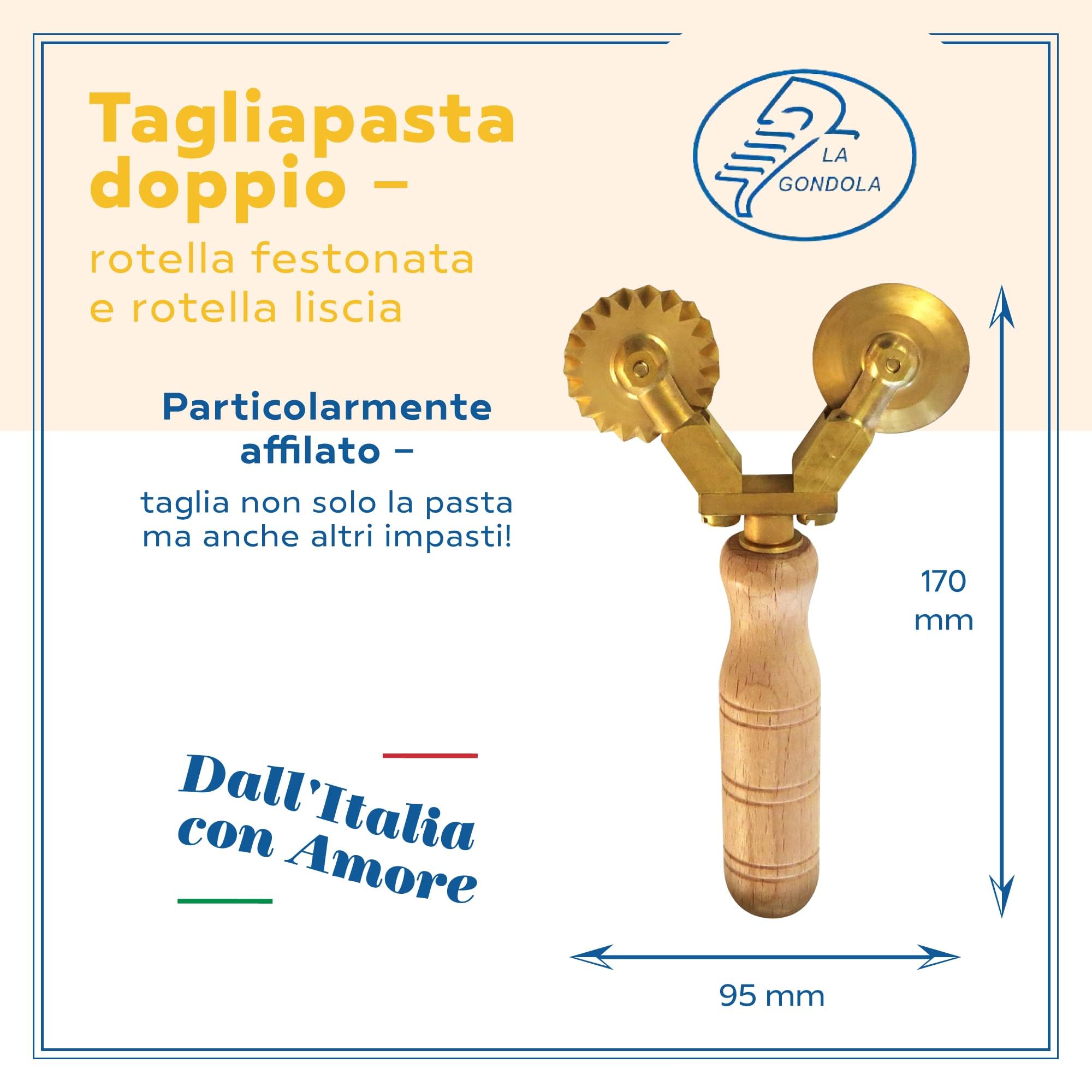 LA GONDOLA Rotella doppia tagliapasta combinata ottone - impugnatura in legno,prodotto artigianale Made in Italy