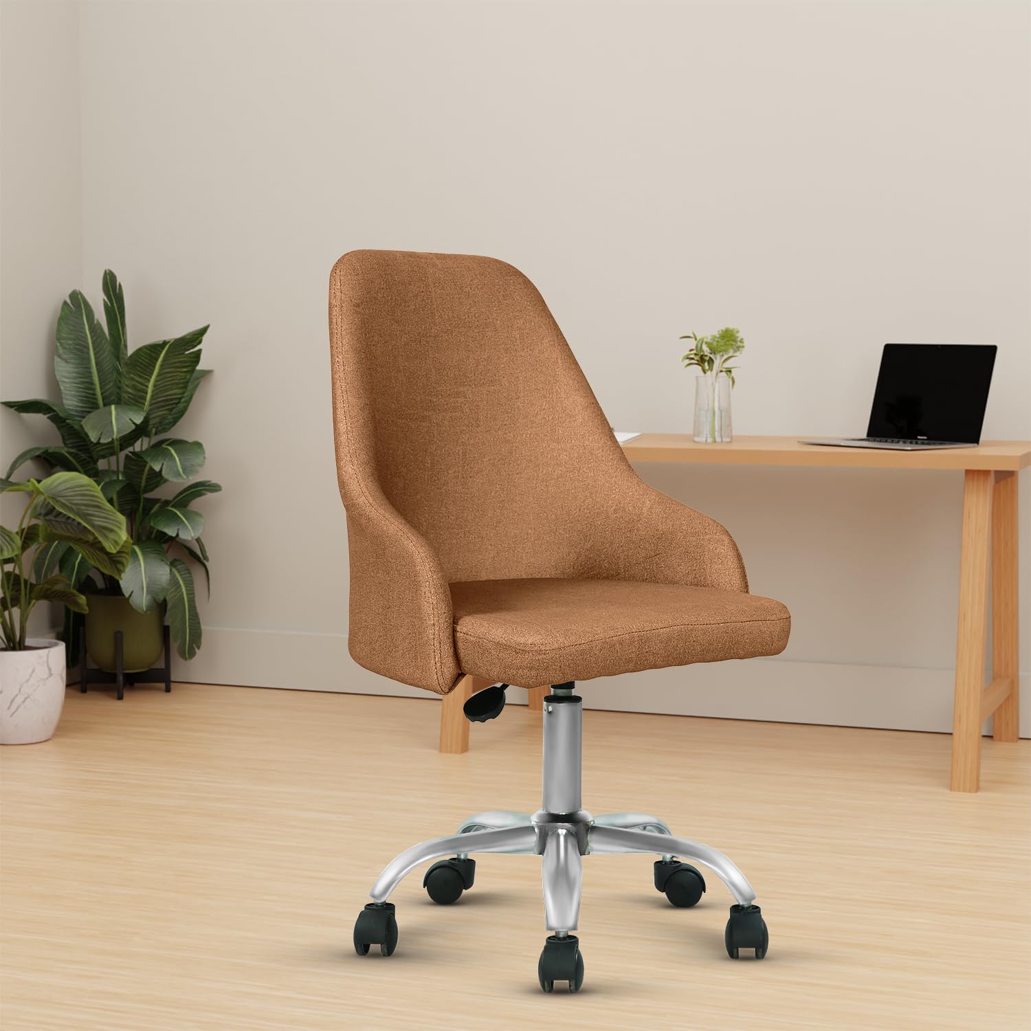 Vergo Smart Study Chair | Mid Back | Fixed Armrests | Cushioned Seat | Single Tilt Lock Recline Mechanism | Heavy Duty Metal Base | Swivel | Revolving Chair for Students, Work, Computer (Light Brown)