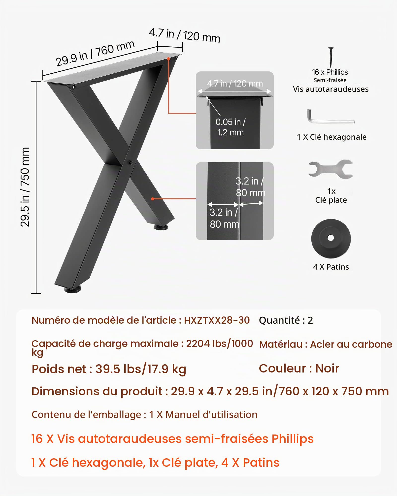 VEVOR Pieds de Table en Forme de X 750x760 mm Lot de 2, Pieds de Bureau en Acier au Carbone, Charge Max. 1000 kg pour Table à Manger, Bureau, Établi, Plan de Travail et Table de Bar, avec Patins, Noir