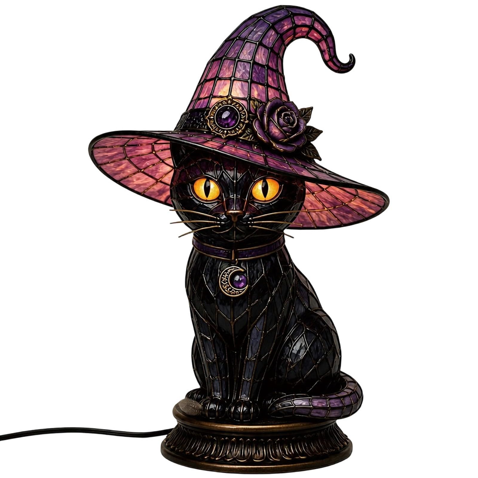 Stained Glass Witch Hat Lamp, Vintage Halloween USB Table Night Light, Halloween Home Decor Accent Lamps, Heat-Resistant Resin Material, Soft Warm Ambient Glow for Bedroom & Bookshelf (Style E)