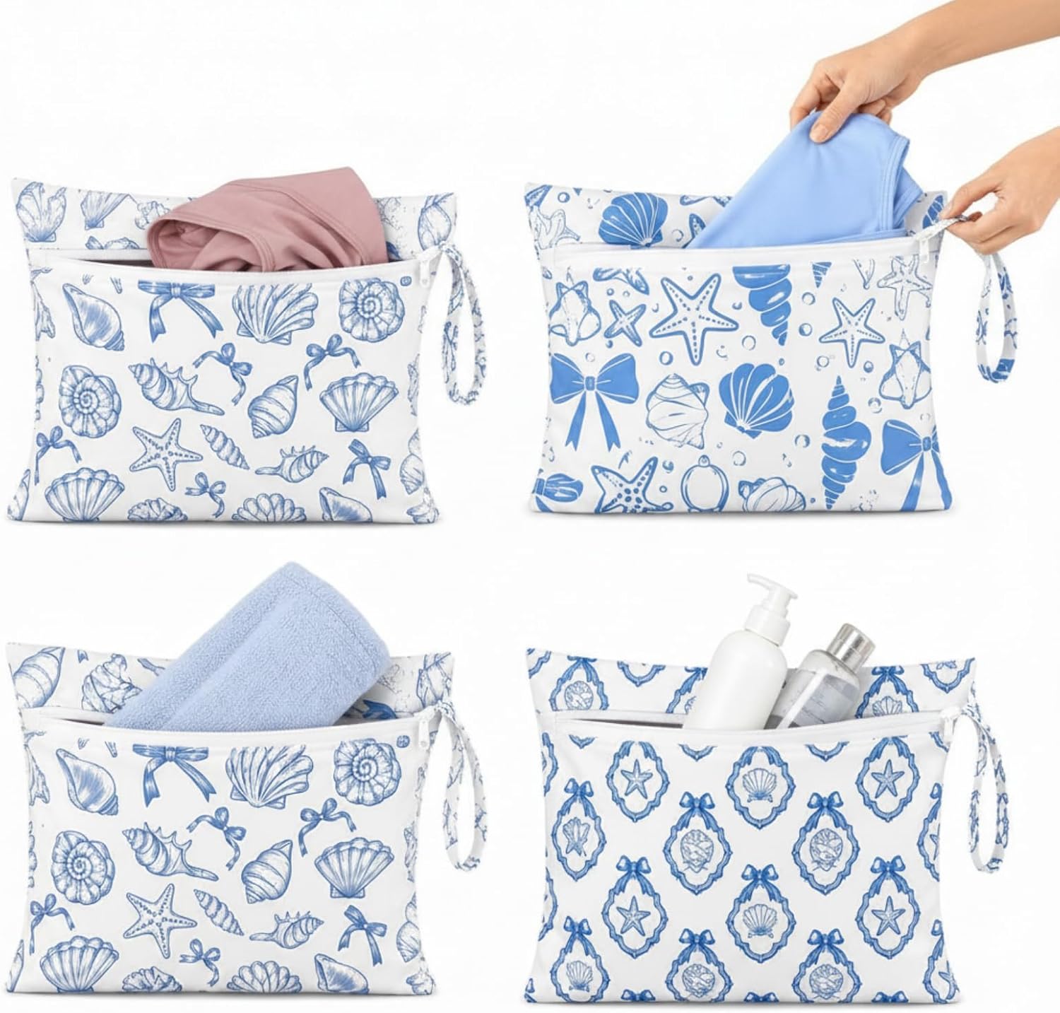 4 Pcs Travel Laundry Bag Wet Dry Bag for Camp 4 Design Coastal Style | Dirty Clothes Swimsuit Organizer for Travel Beach, Shell Starfish Conch Laundry Bag with Handle, Waterproof for Beach Sea Gym