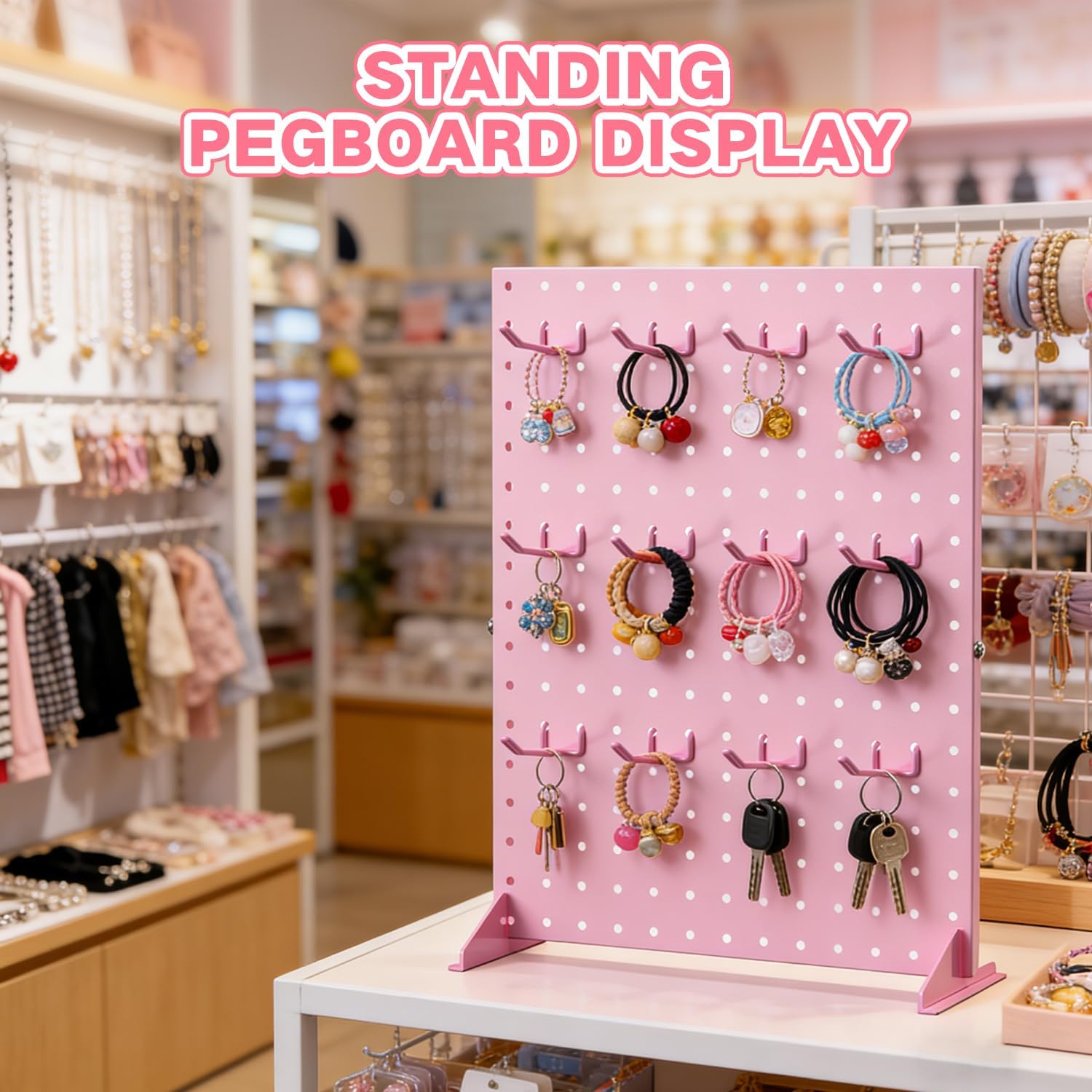2 Pcs Pegboard Display Stand with 24 Hooks, Freestanding Tabletop Vendor Booth Display for Craft Shows & Retail, Jewelry Keychain Display Stand, Metal Display Rack for Ornaments- 16x12 Inch