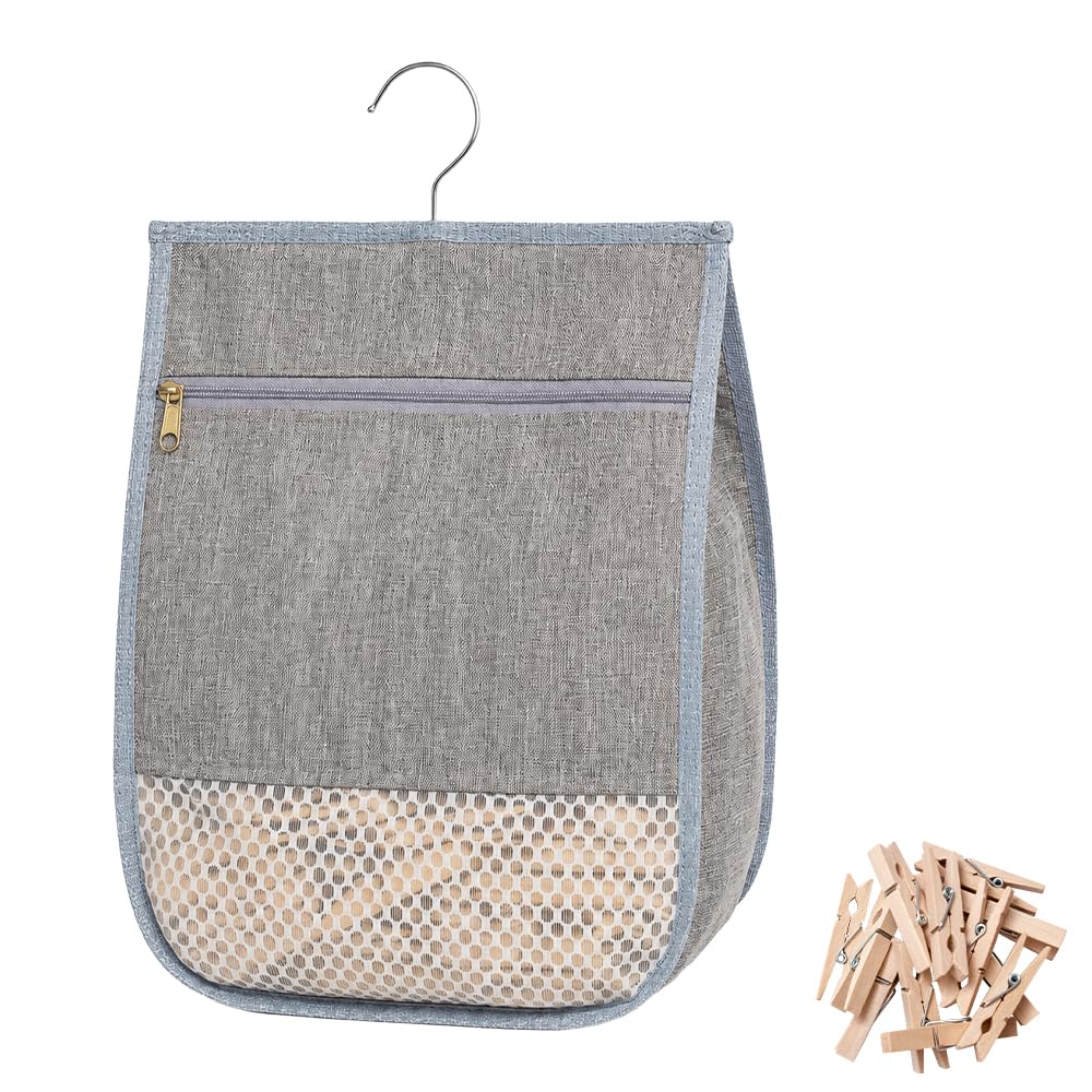 Large Peg Bag for Washing Line, Grey Clothes Peg Basket with Hanging Hook, Weather-Resistant Zipper Pouch with Mesh Bottom for Outdoor Clothesline, Rotary Washing Line & Laundry Storage (Grey)