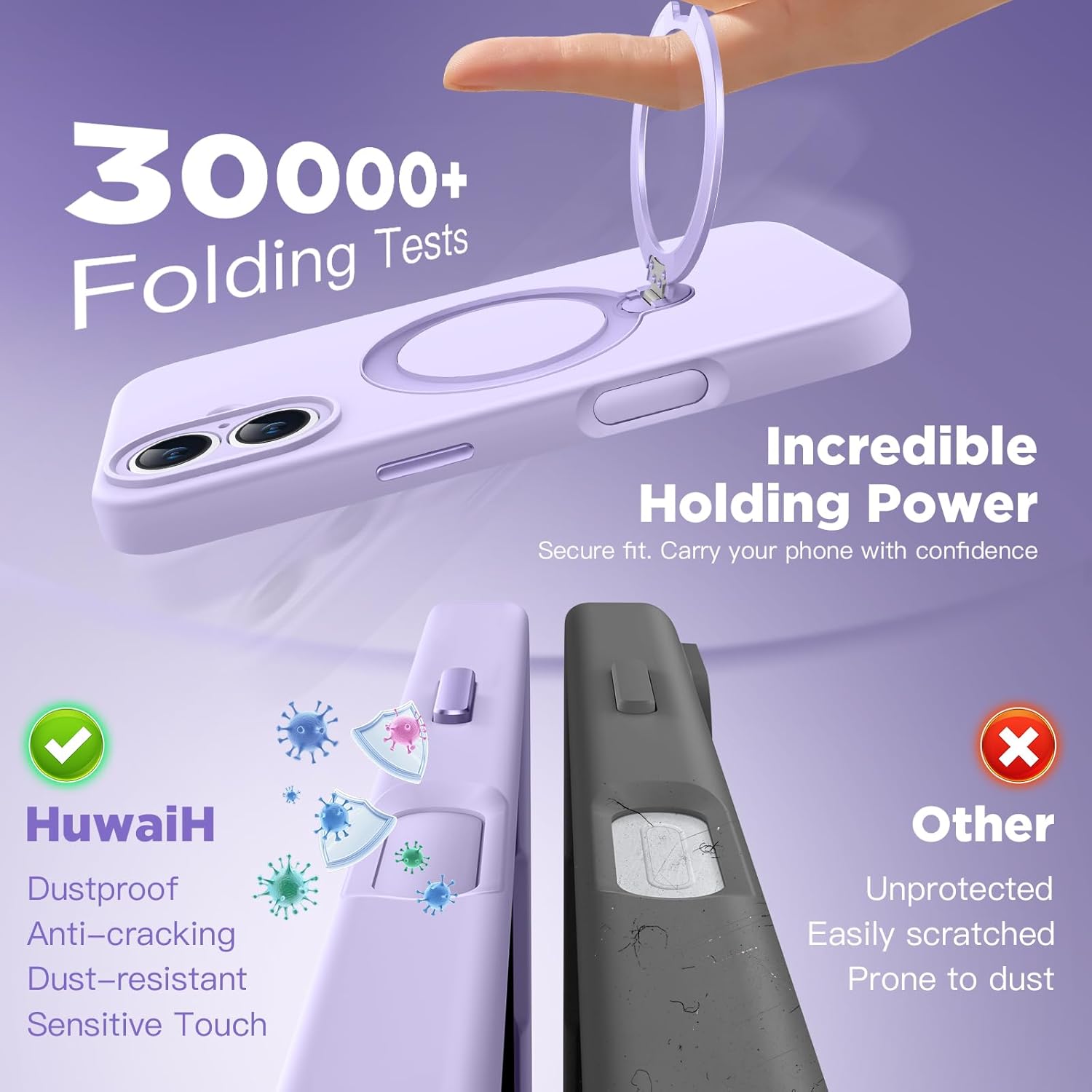 HuwaiH Case for iPhone 16, [360° Rotating Magnetic Ring Stand] with Strong Holder, Military-Grade Shockproof Silicone Phone Case, Full Protection Hands-Free Video Calls Car Mount, Purple