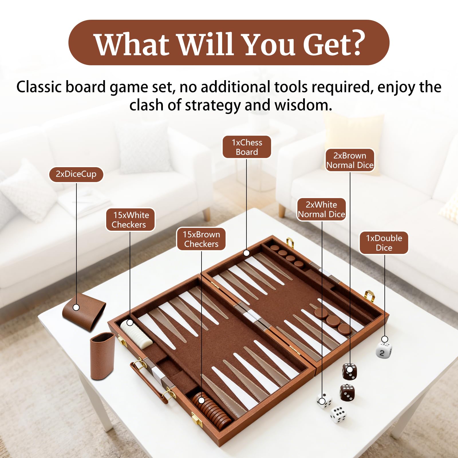 Set di backgammon per adulti, gioco da tavolo classico con custodia pieghevole in pelle per backgammon, set di backgammon in legno per 2 giocatori, gioco da viaggio portatile di lusso