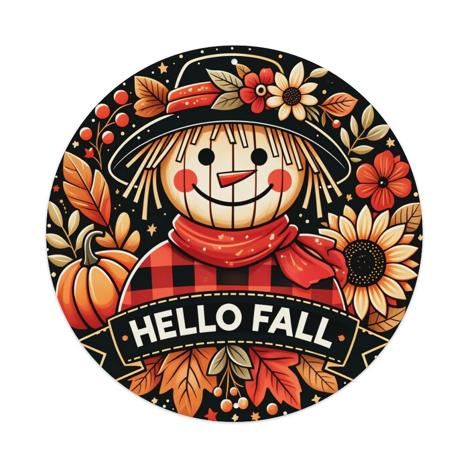 Scarecrow Autumn Leaves Pumpkin Flowers Round Tin Sign Retro Metal Sign for Cafe Bar Pub Home Game Room Gym Club Wall Decoration Vintage Metal Poster 8x8 Inch