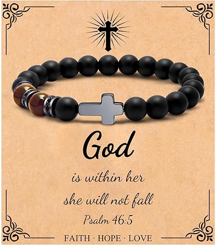 JoycuFF Pulseras cristianas para hombres, pulsera de cruz de piedra natural para hombres, bautismo cristiano, regalos de Pascua para hombres,