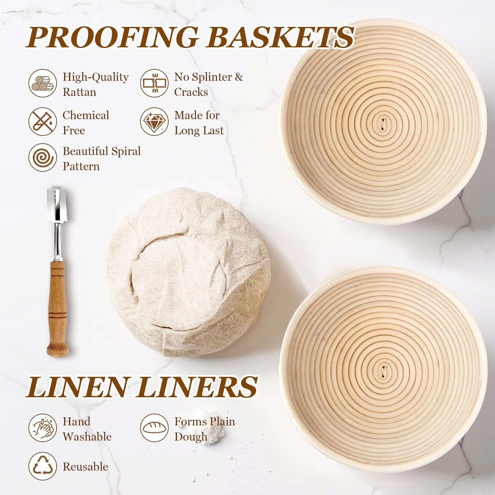 Sauerteig-Brotbackzubehör, Sauerteig-Starter-Set, 22,9 cm, runder Banneton-Brotgärkörbchen mit 680 ml Glas, Sauerteig-Werkzeuge mit dänischem Teigbesen und Schaber