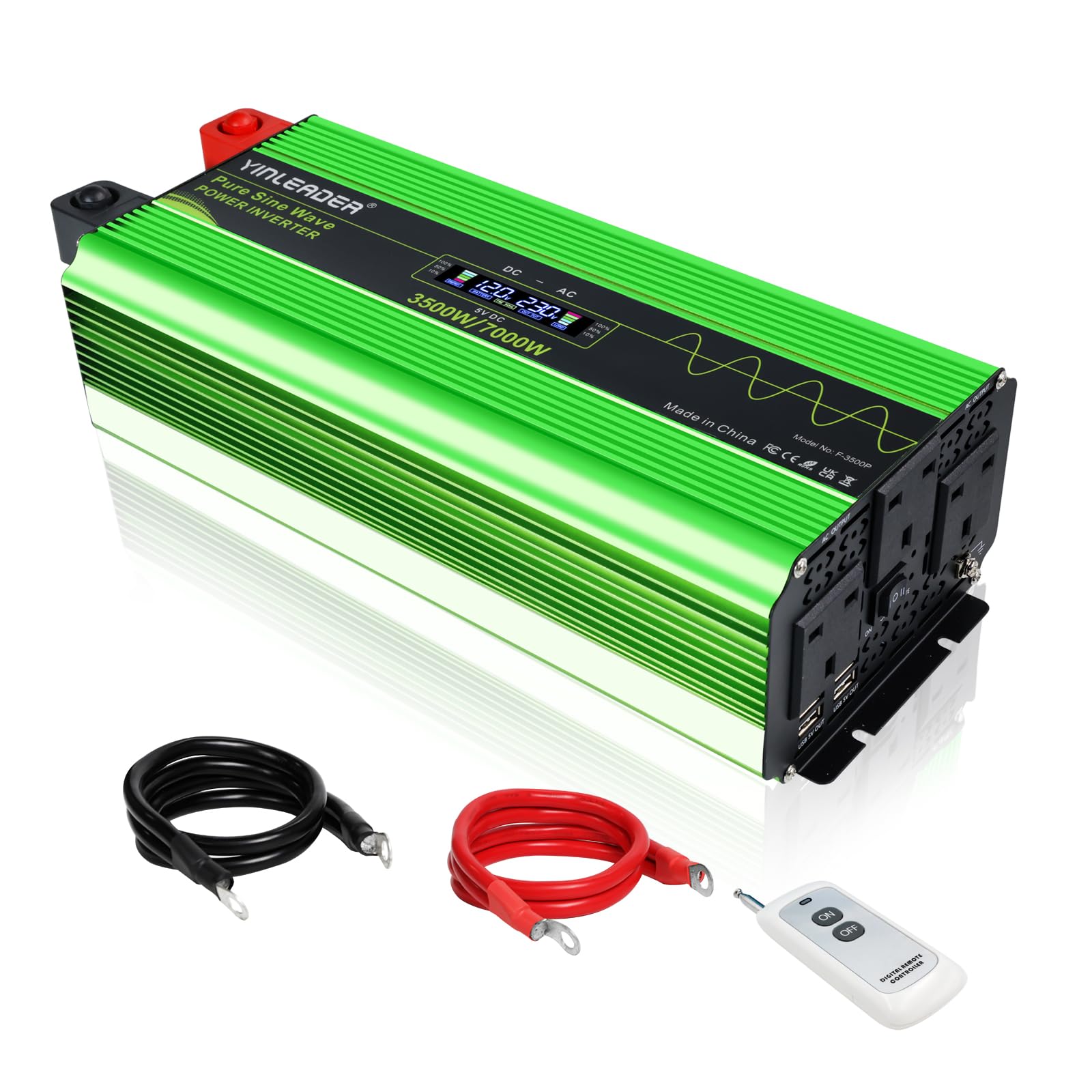 3500W Power Inverter 12V to 230V AC Pure Sine Wave Inverter,Car Inverter with 3 AC Sockets 4 USB ports With LCD Display Suitable for Travel, RV, Camping