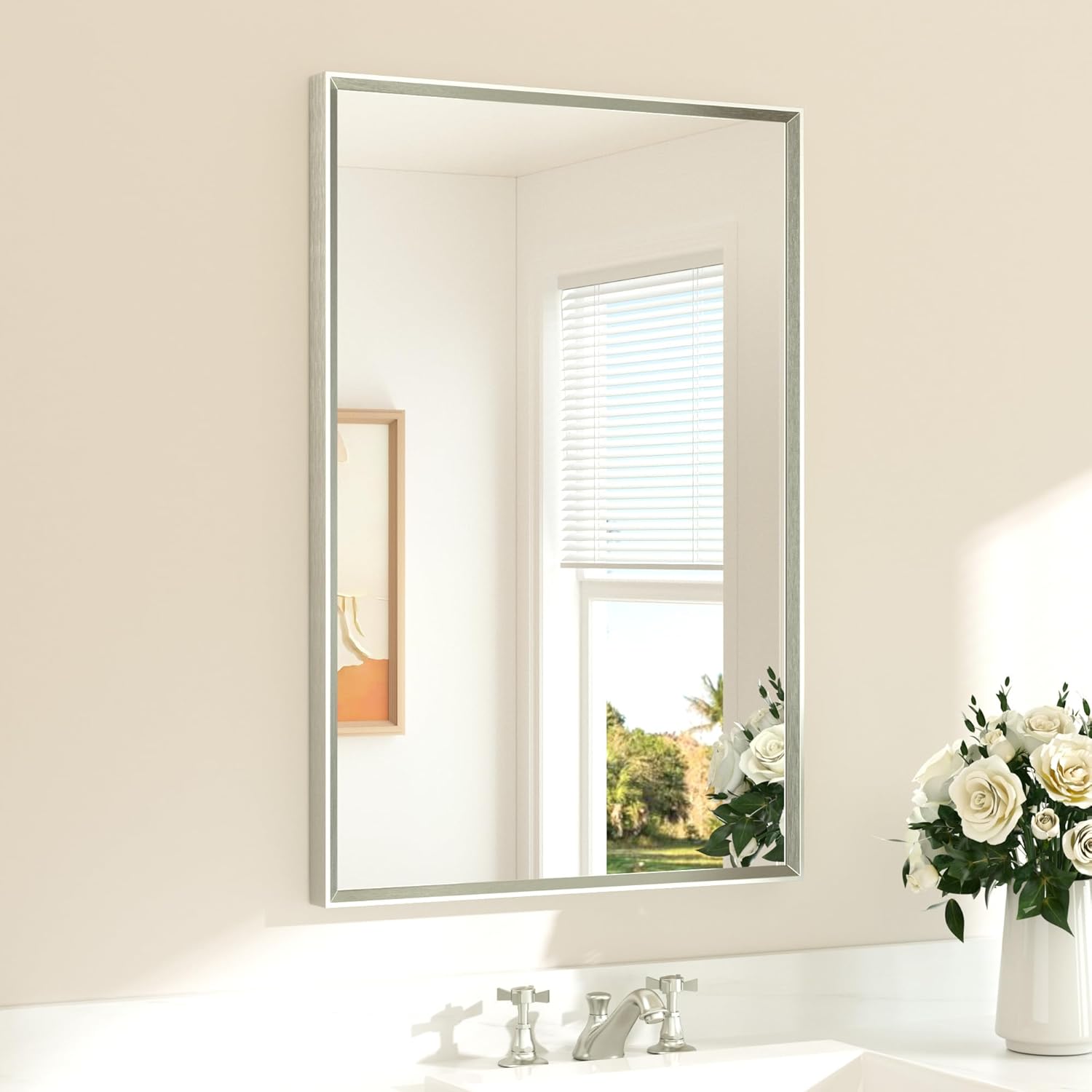 TETOTE Brushed Nickel Mirror for Bathroom Sink 24 x 36 Beveled Frame Brushed Nickel Vanity Rectangle Mirror for
