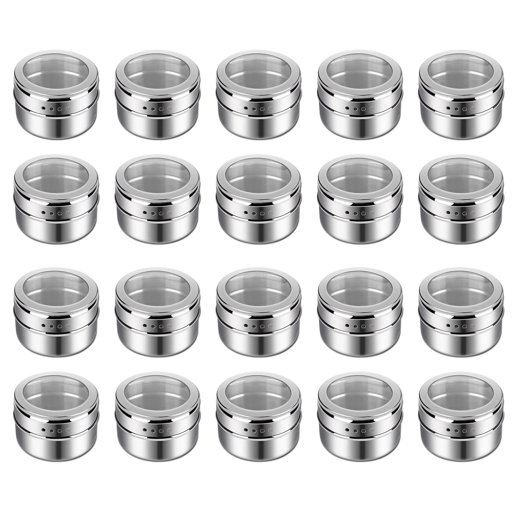 Utensilios de cocina de acero inoxidable: 20 tarros magnéticos con tapa transparente
