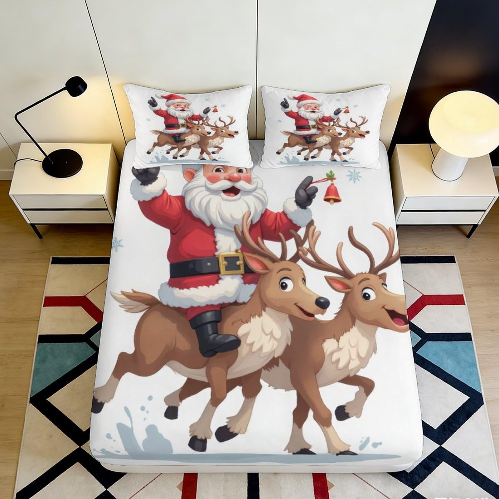 3D Printed Santa Claus Christmas Reindeer Fitted Sheet Microfiber Anti-Slip Bed Cover for Bedroom Guest Dorm Decor 90x200x25cm