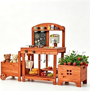 Mud Kitchen for Kids with Pet Cart 45in, Plant Growing Box for Outdoor Play