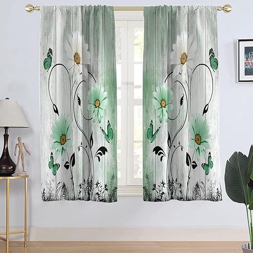 Miniatura 45 de AAtter Cortinas florales amarillas para ventana de cocina, diseño abstracto de margaritas blancas botánicas, pequeñas y cortas, para el hogar, sala