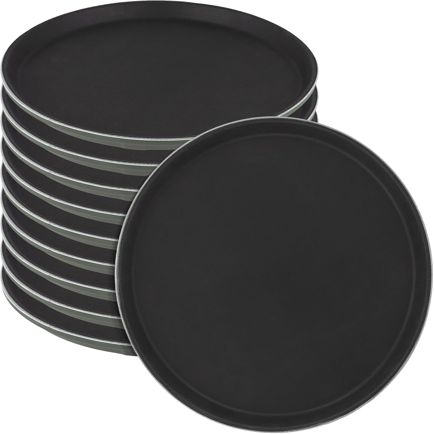 10 PCS Round Restaurant Serving Tray, 11 inch Plastic Non Slip Food Service Trays with Raised Edges for Kitchen, Cafeteria, Bar, Black